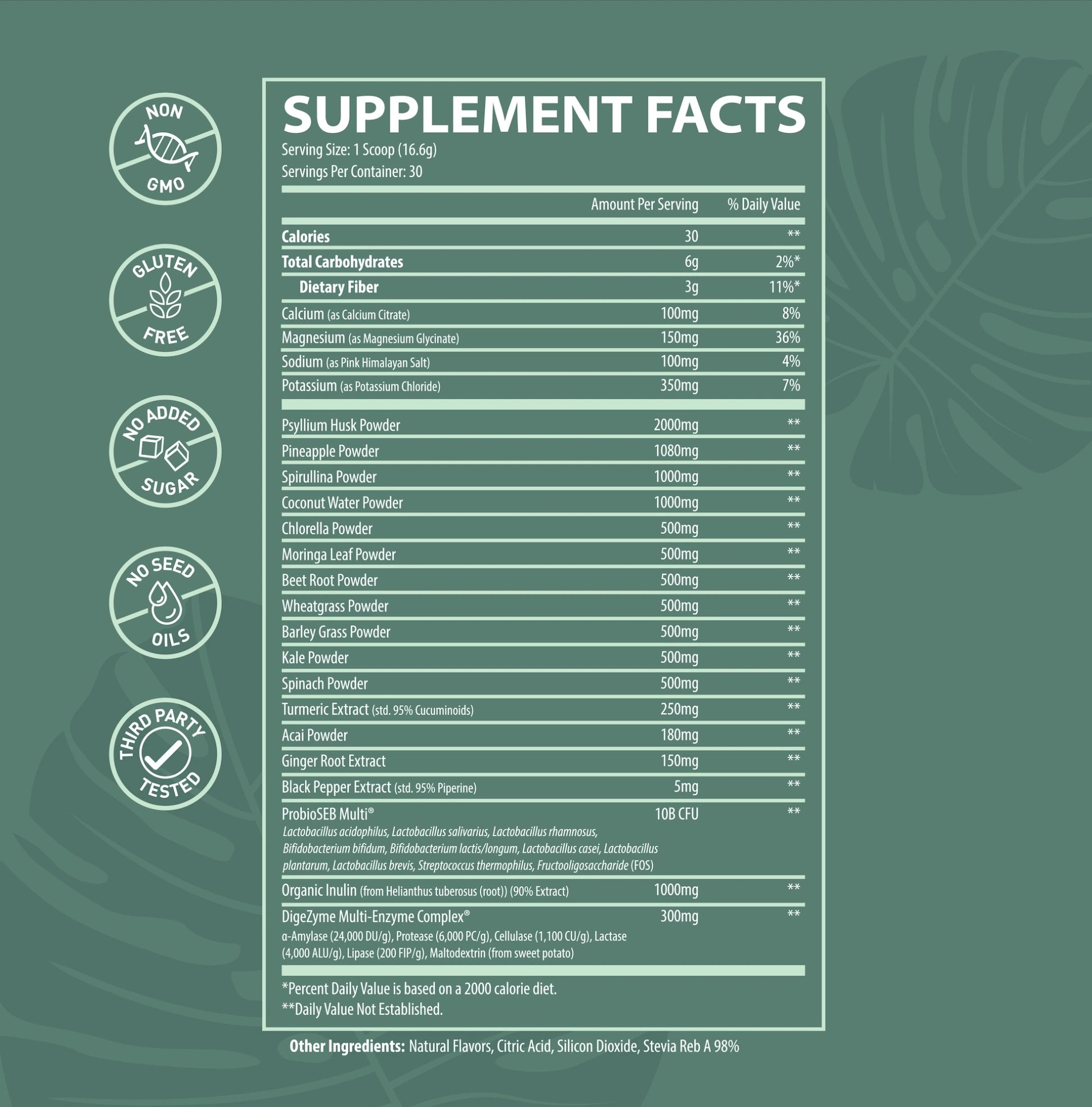 Supplement Facts panel for Herbal Ape Greens + Electrolytes. Serving size: 1 scoop (16.6g), 30 servings per container. Key nutrients include 3g of dietary fiber (11% DV), calcium (100mg), magnesium (150mg), sodium (100mg), potassium (350mg), and a variety of greens and superfoods such as spirulina, chlorella, wheatgrass, moringa, turmeric, and more. Includes probiotics (10B CFU), digestive enzymes (300mg), and prebiotics (organic inulin). Icons indicate the product is Non-GMO, Gluten-Free, no added sugar