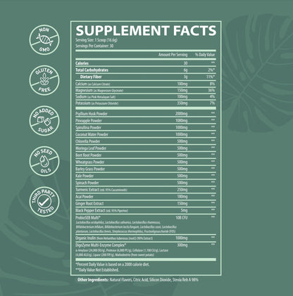 Supplement Facts panel for Herbal Ape Greens + Electrolytes. Serving size: 1 scoop (16.6g), 30 servings per container. Key nutrients include 3g of dietary fiber (11% DV), calcium (100mg), magnesium (150mg), sodium (100mg), potassium (350mg), and a variety of greens and superfoods such as spirulina, chlorella, wheatgrass, moringa, turmeric, and more. Includes probiotics (10B CFU), digestive enzymes (300mg), and prebiotics (organic inulin). Icons indicate the product is Non-GMO, Gluten-Free, no added sugar